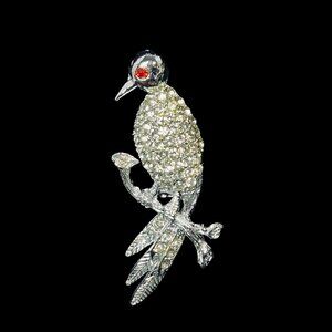 Silver Tone With Clear And Red Pave Rhinestone Tropical Bird Brooch (5201)